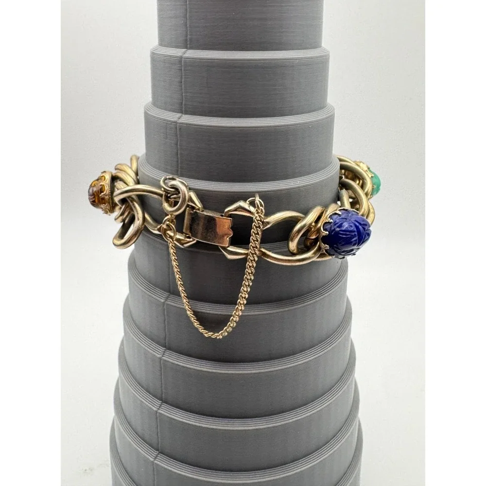 Vtg Kafin NY Scarab Bracelet Multi Stone Carved Beetle Double Chain MCM Egyptian